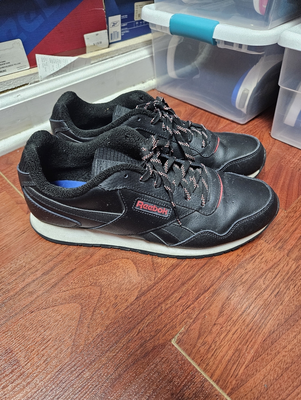 Reebok Men's Black Leather Sneakers with Red Accents